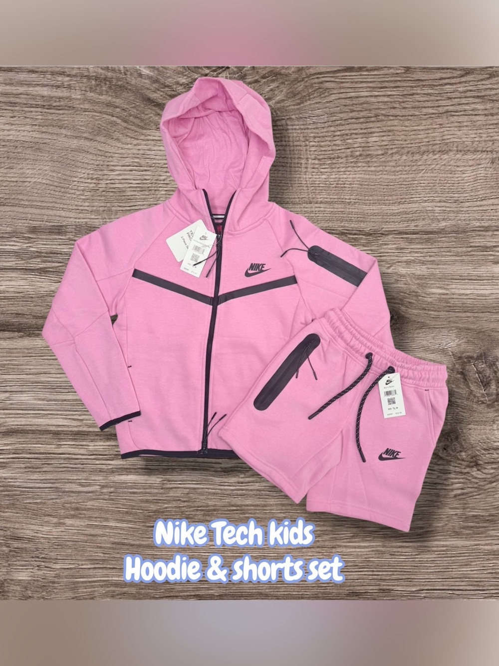 Nike Pink Kids Tech Hoodie & Shorts Set with Black Accents